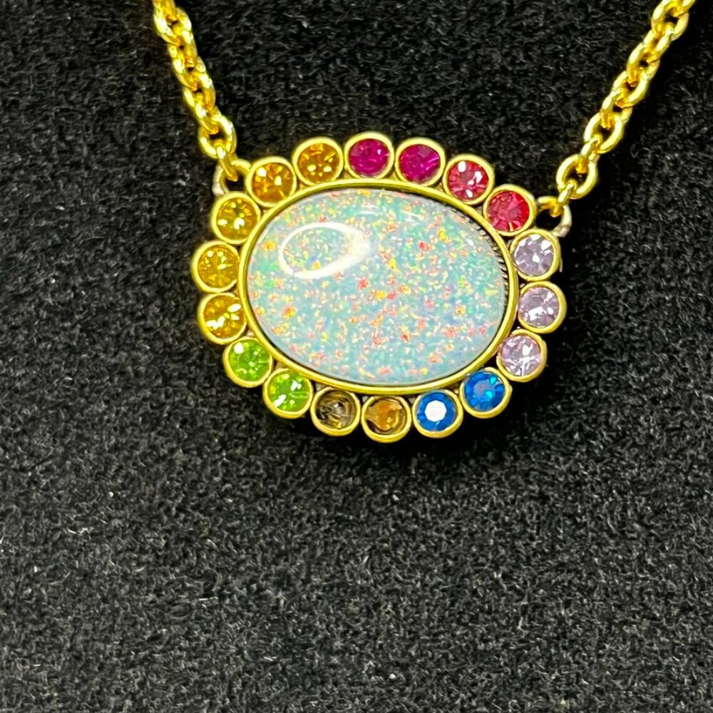 Kurt Geiger Regency Chain Necklace Opal Rainbow Pendant Gold NWT-FLAW